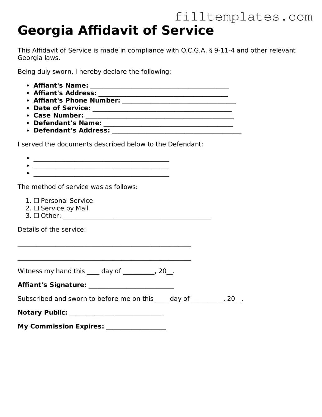 Official Affidavit of Service Template for the State of Georgia