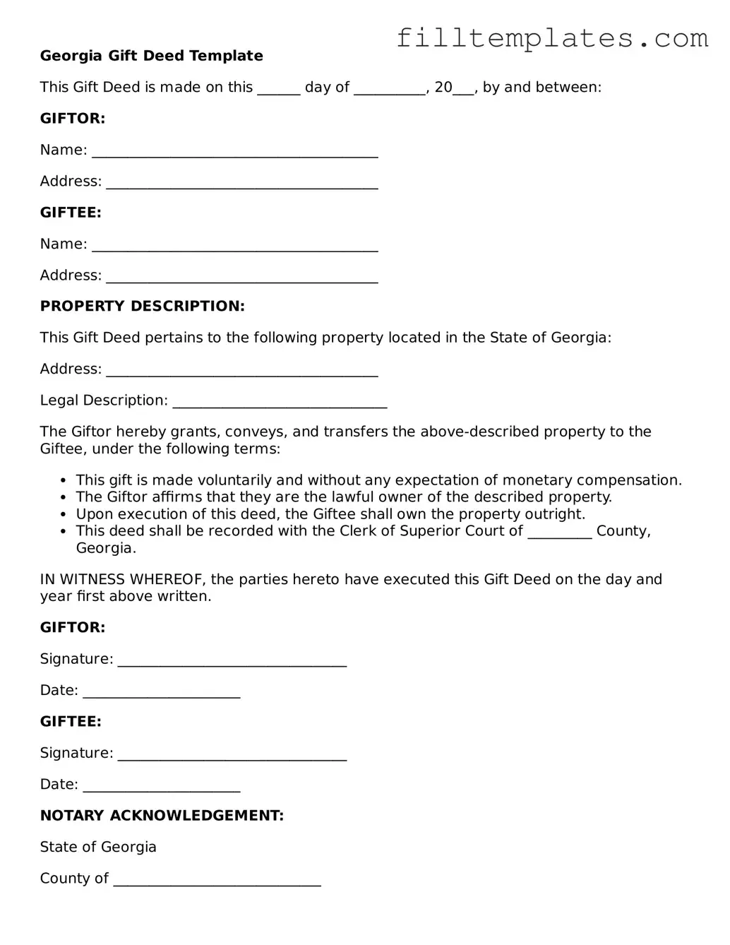 Official Gift Deed Template for the State of Georgia