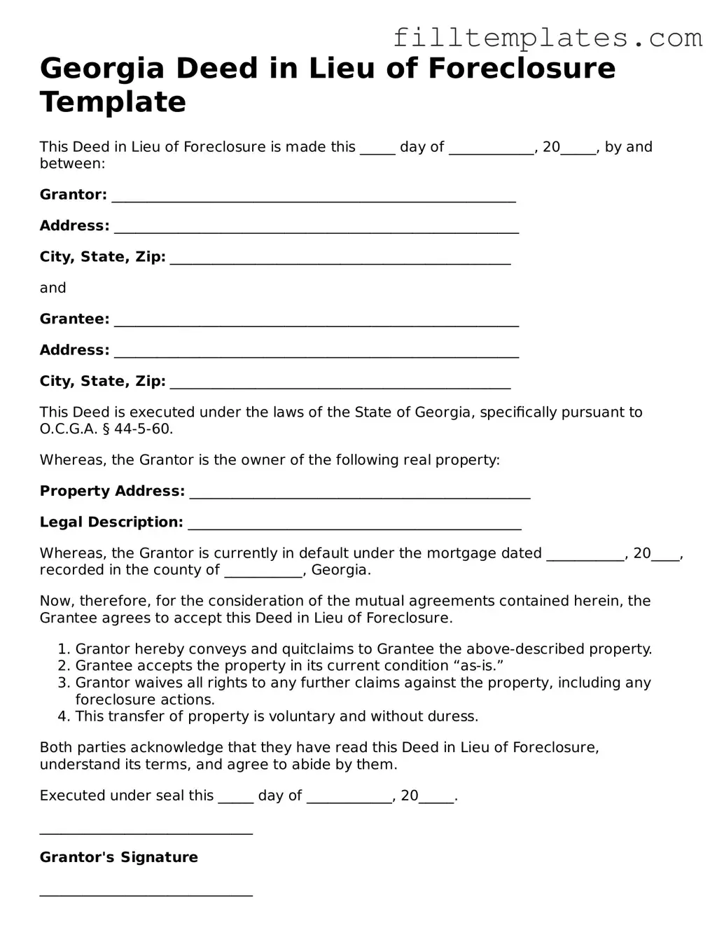 Official Deed in Lieu of Foreclosure Template for the State of Georgia