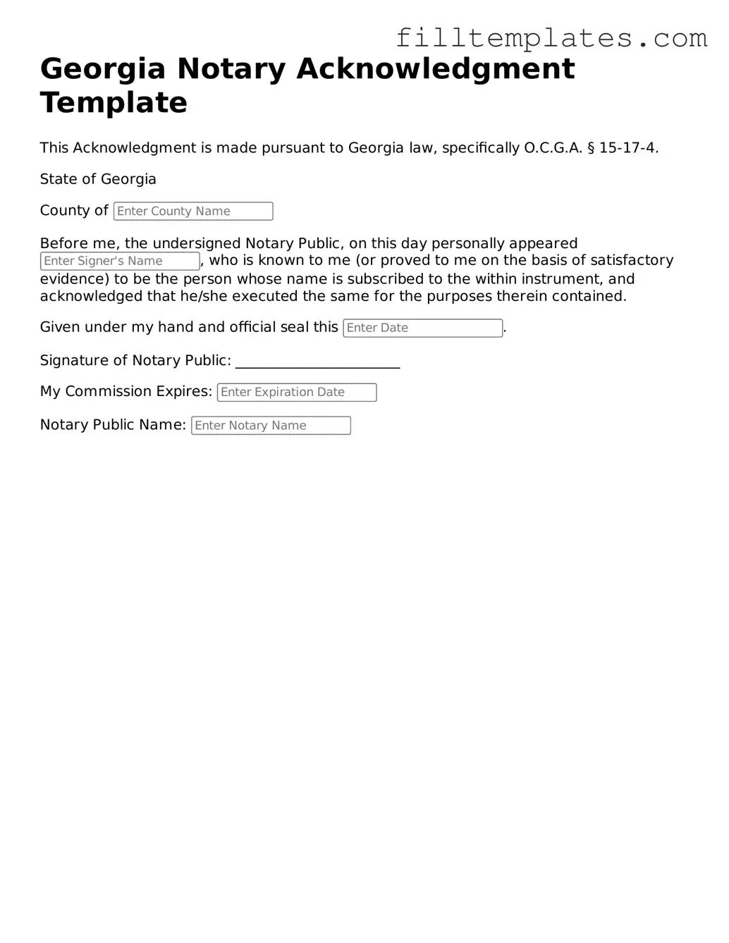 Official Notary Acknowledgement Template for the State of Georgia