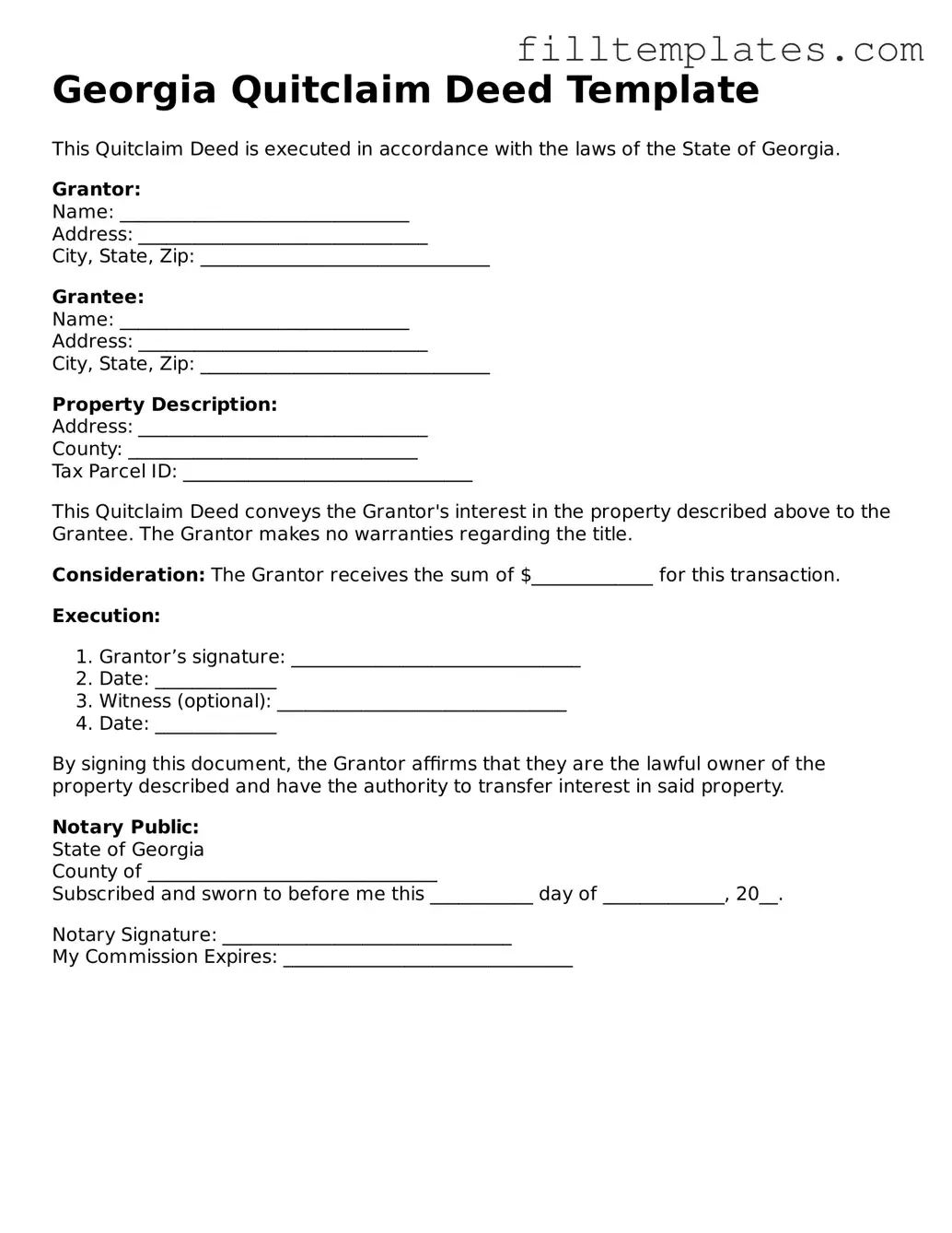 Official Quitclaim Deed Template for the State of Georgia