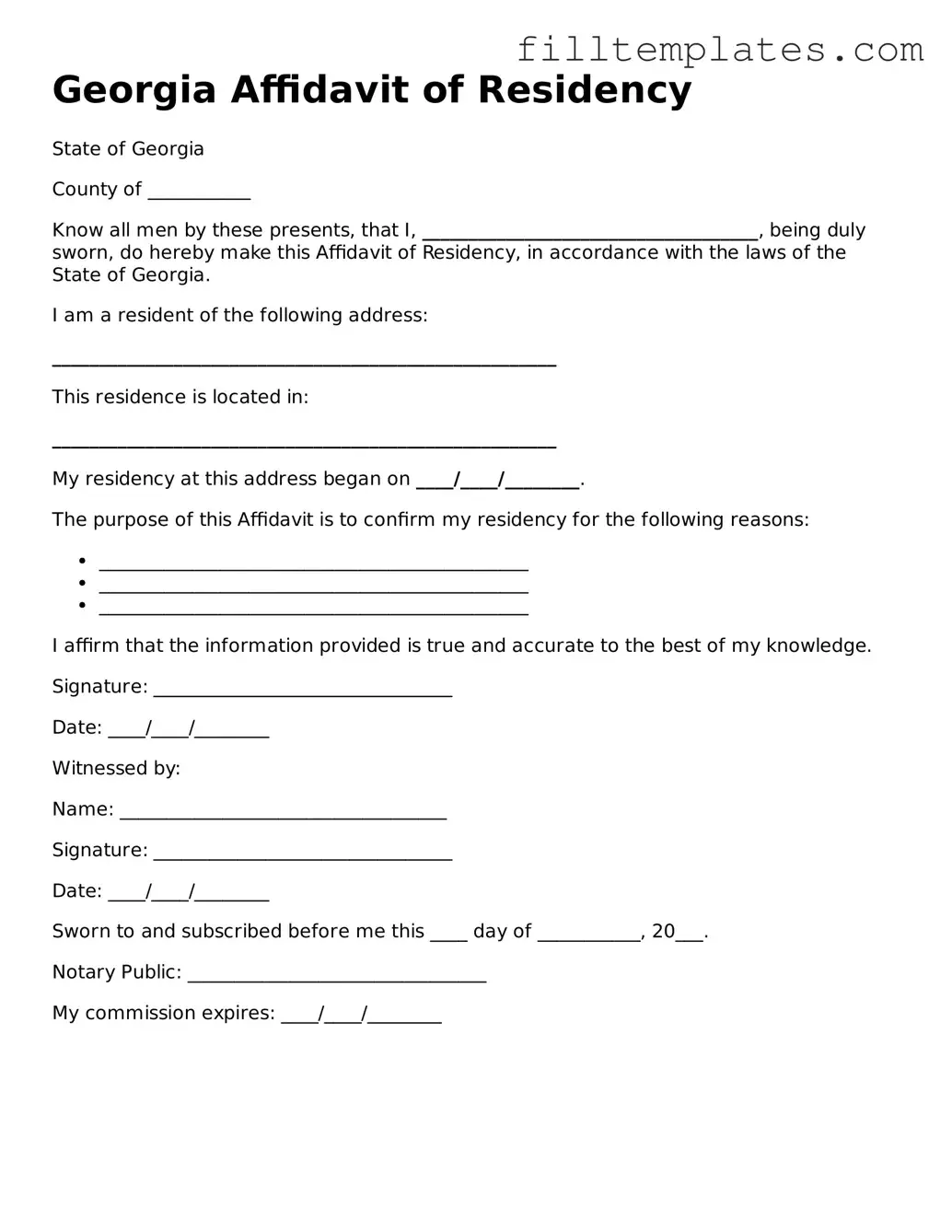 Official Affidavit of Residency Template for the State of Georgia