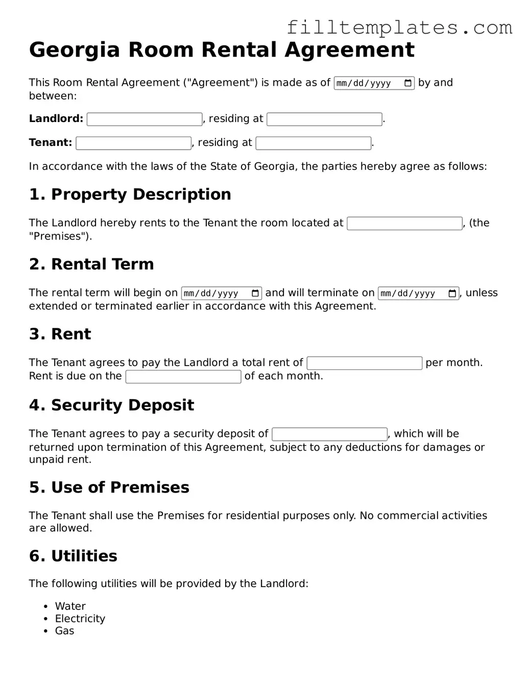Official Room Rental Agreement Template for the State of Georgia