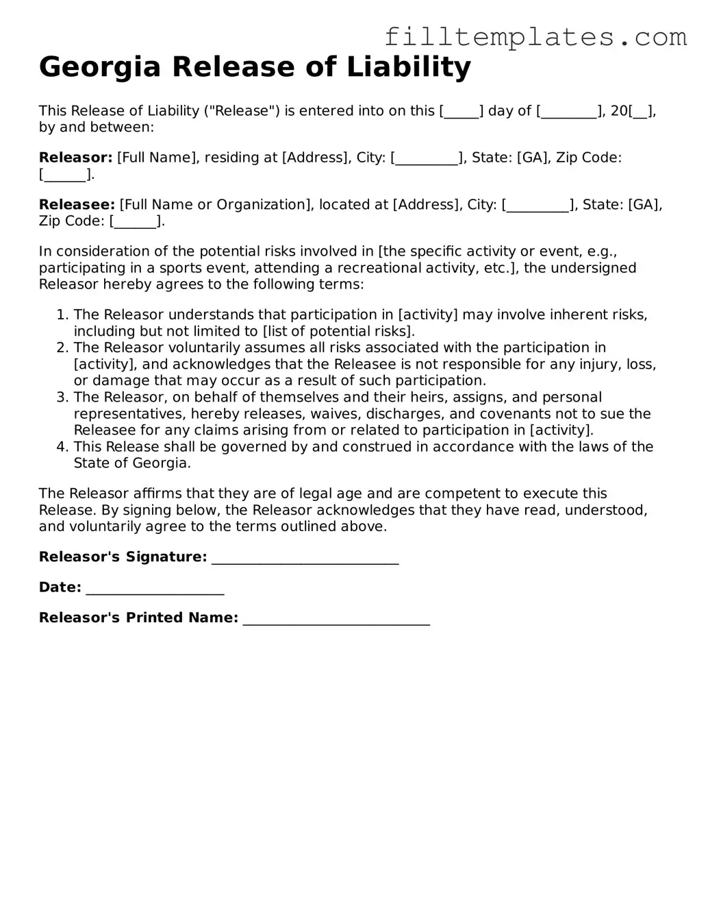 Official Release of Liability Template for the State of Georgia