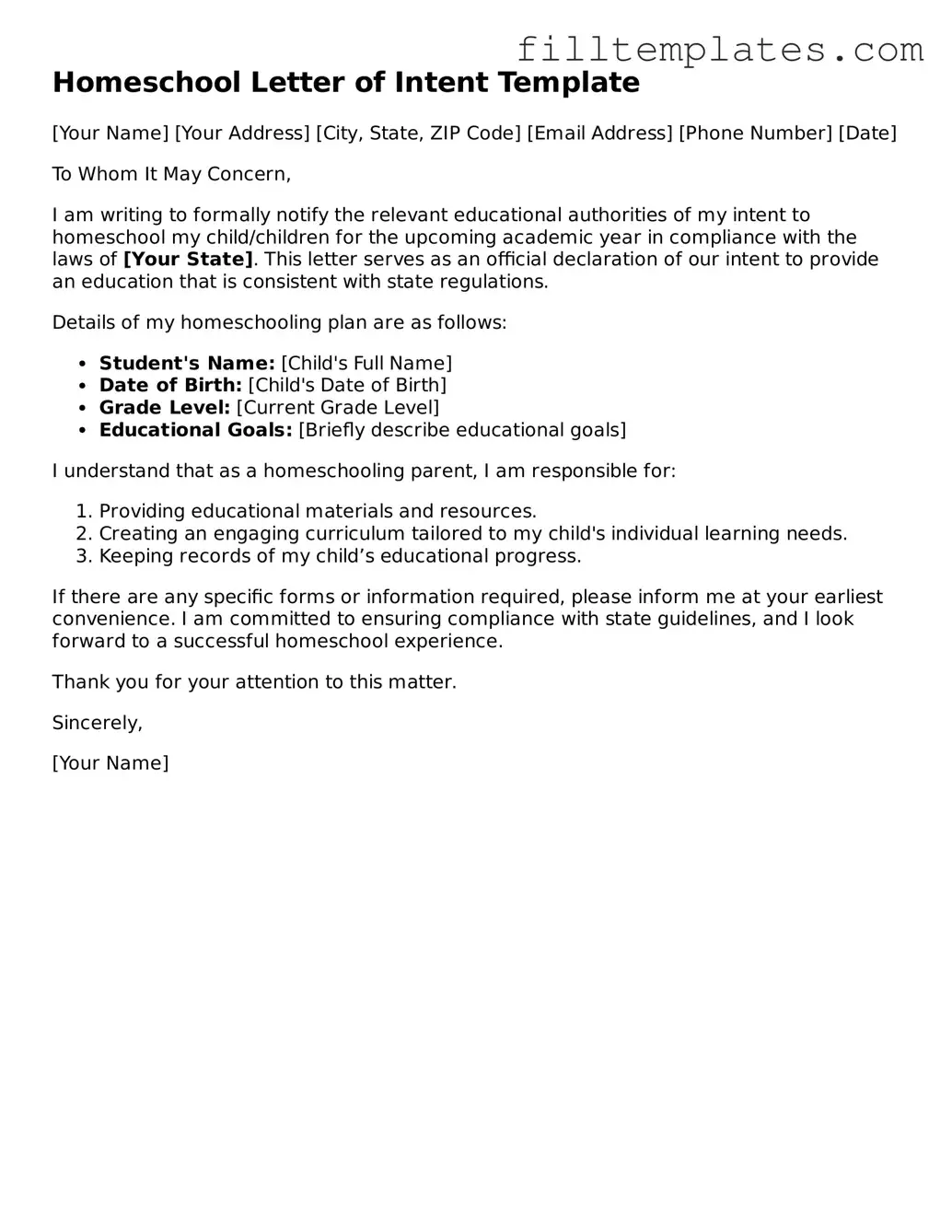 Free Homeschool Letter of Intent Template