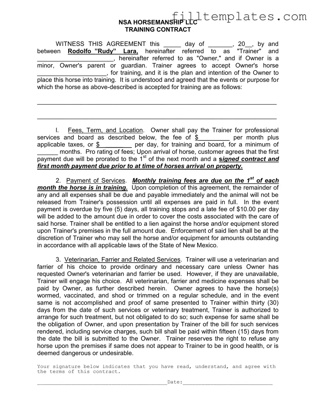 Download Horse Training Contract Template