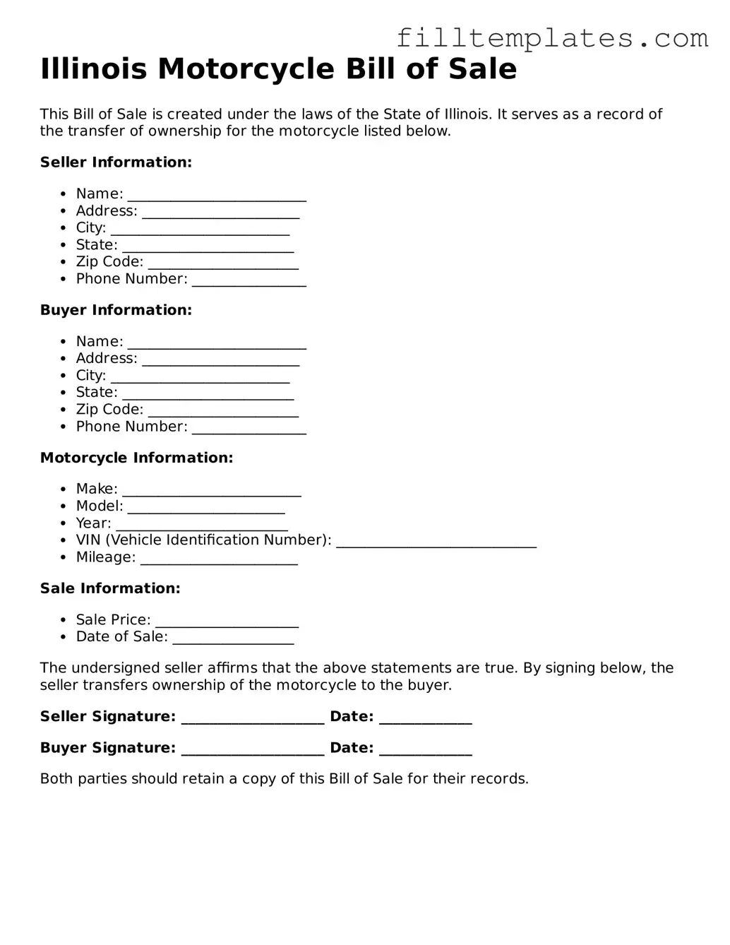 Official Motorcycle Bill of Sale Template for the State of Illinois