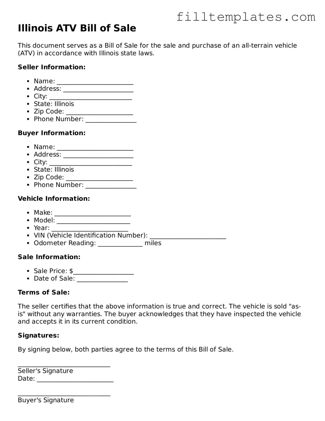 Official ATV Bill of Sale Template for the State of Illinois