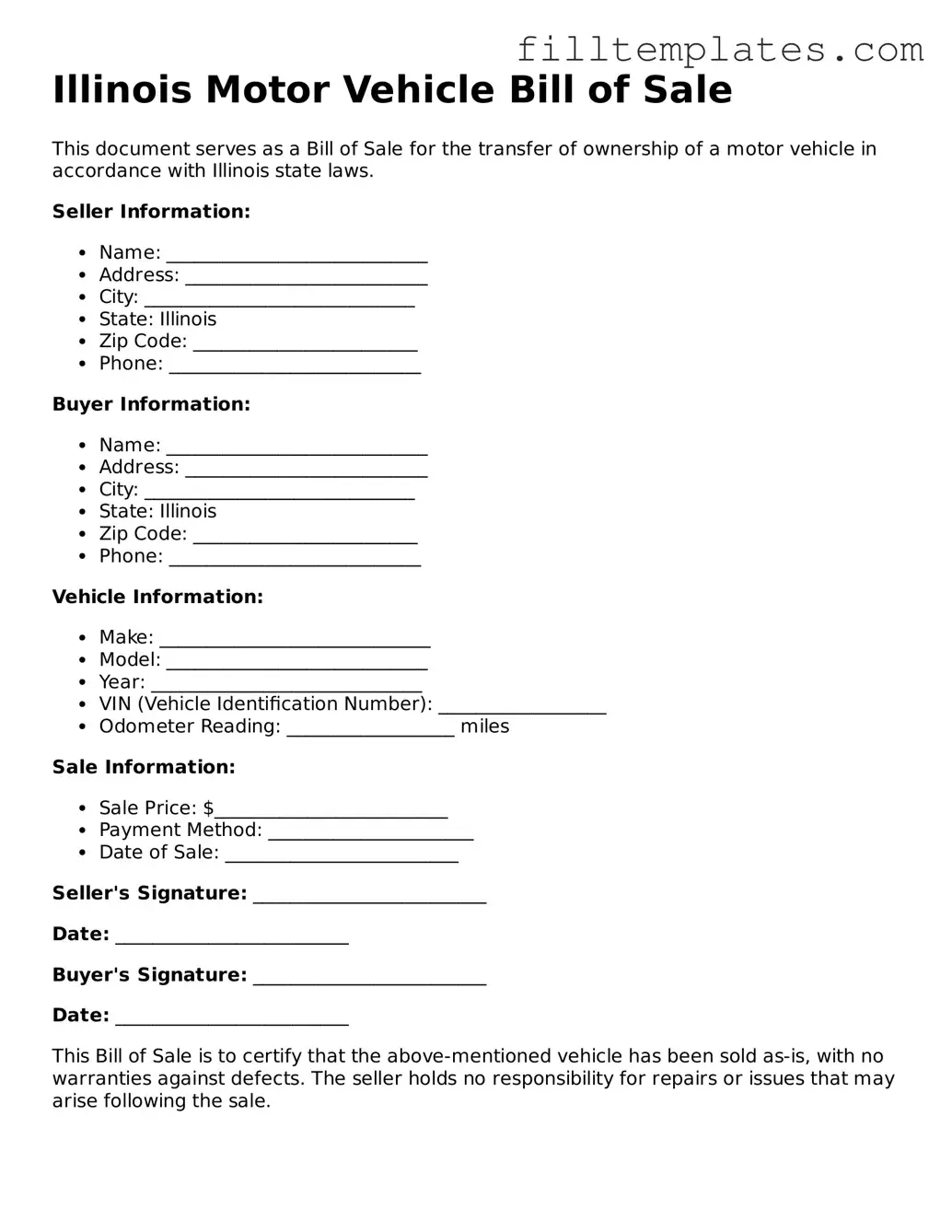 Official Motor Vehicle Bill of Sale Template for the State of Illinois