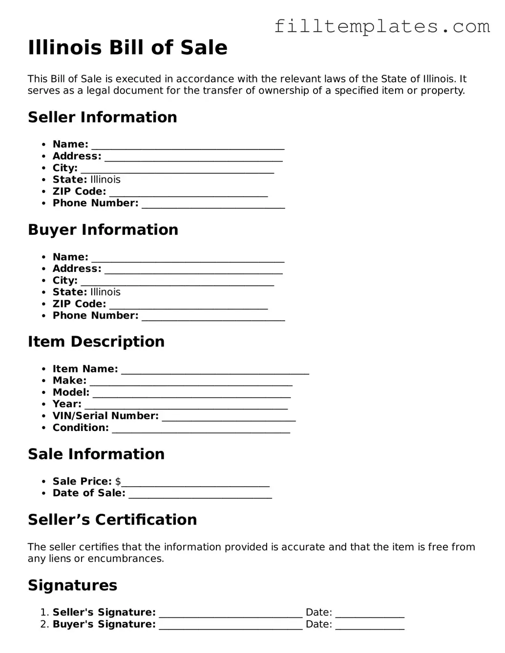 Official Bill of Sale Template for the State of Illinois