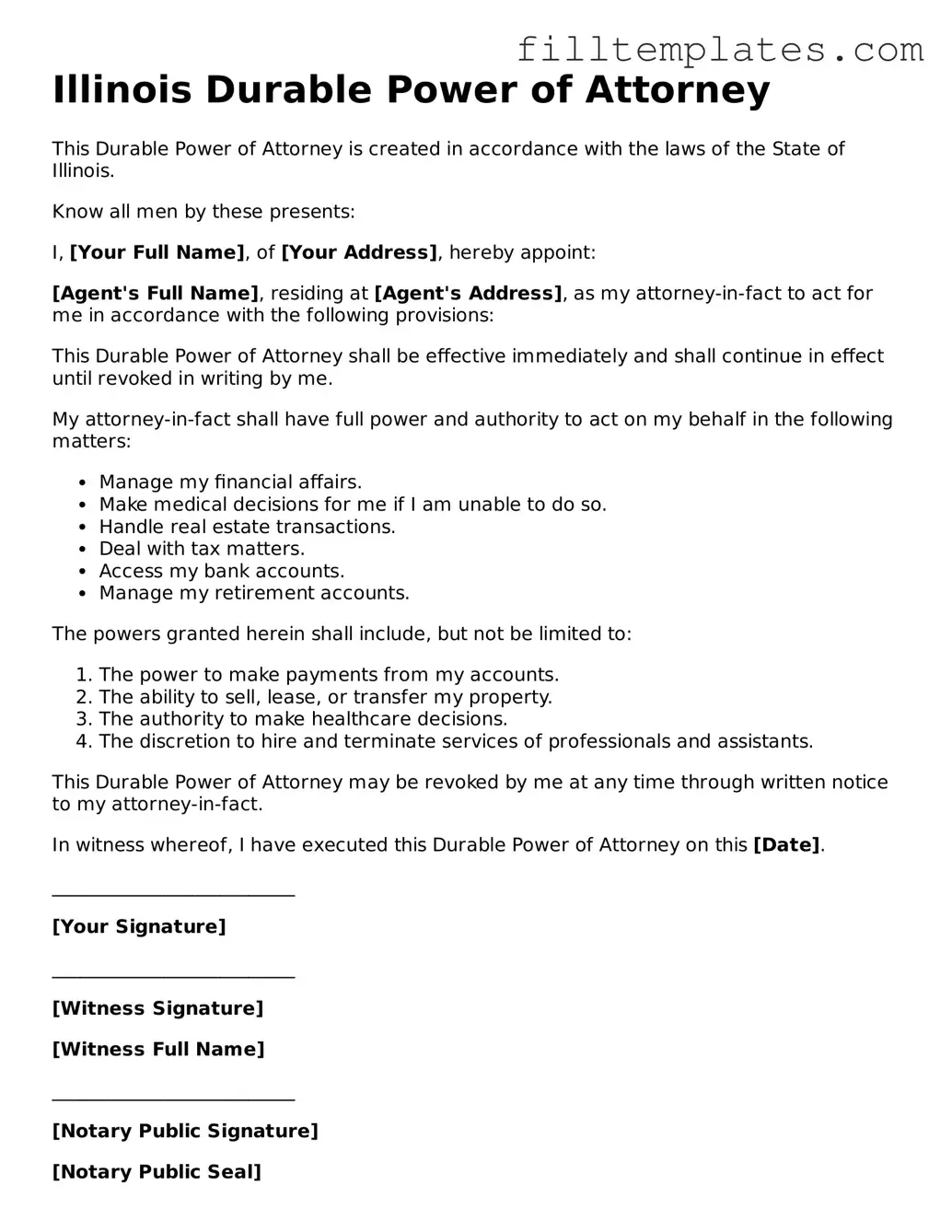 Official Durable Power of Attorney Template for the State of Illinois