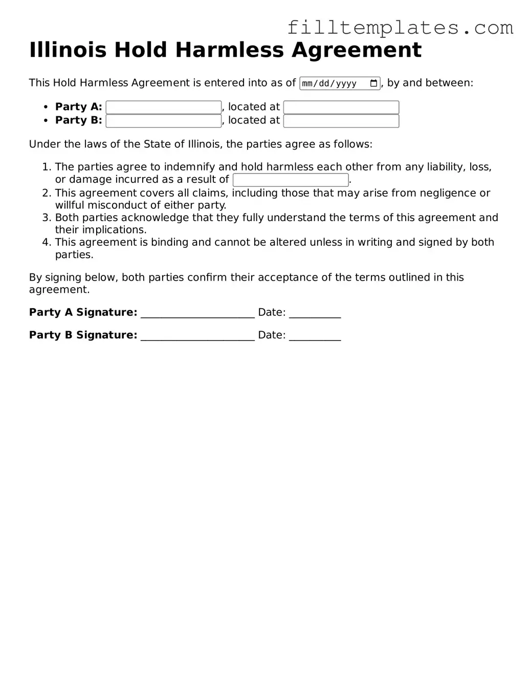 Official Hold Harmless Agreement Template for the State of Illinois