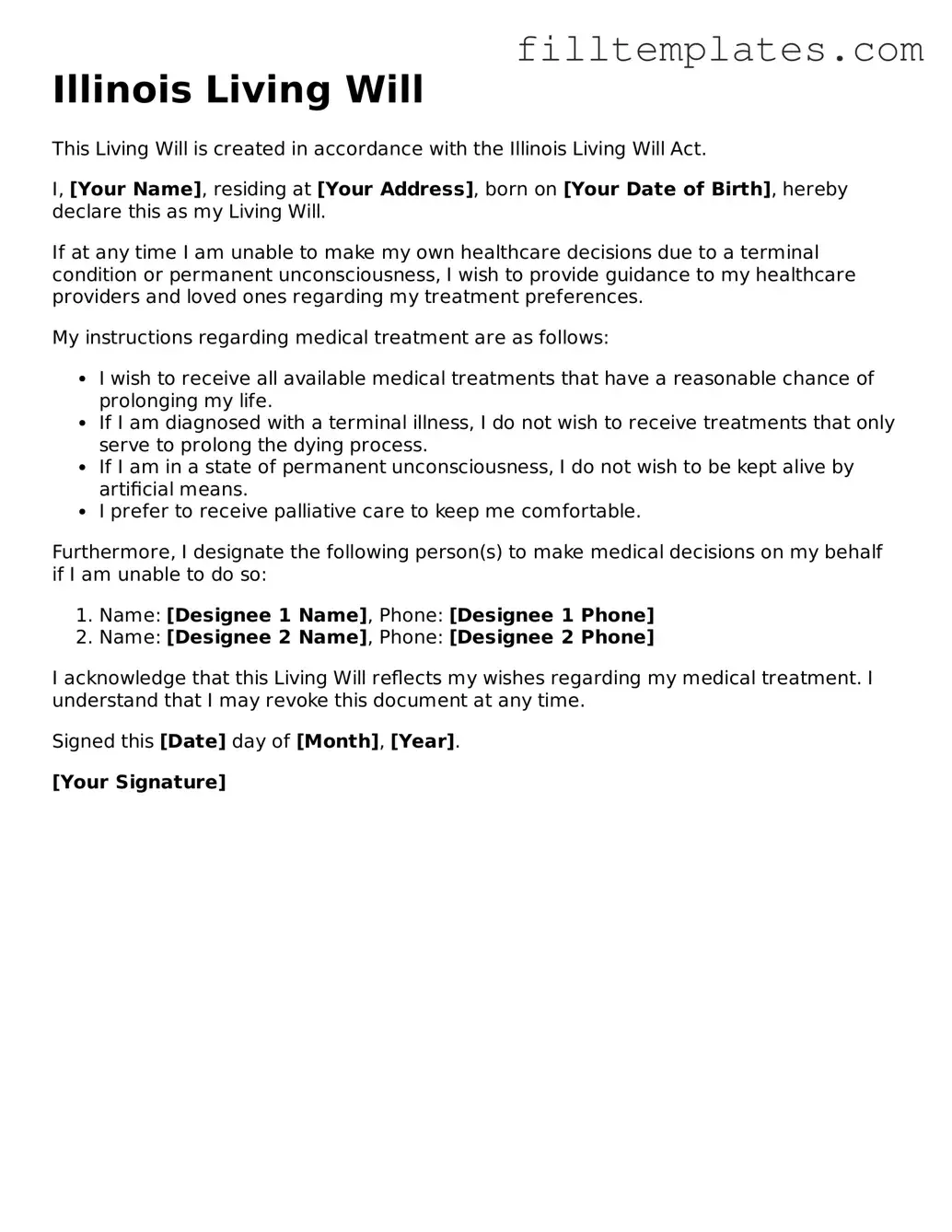 Official Living Will Template for the State of Illinois