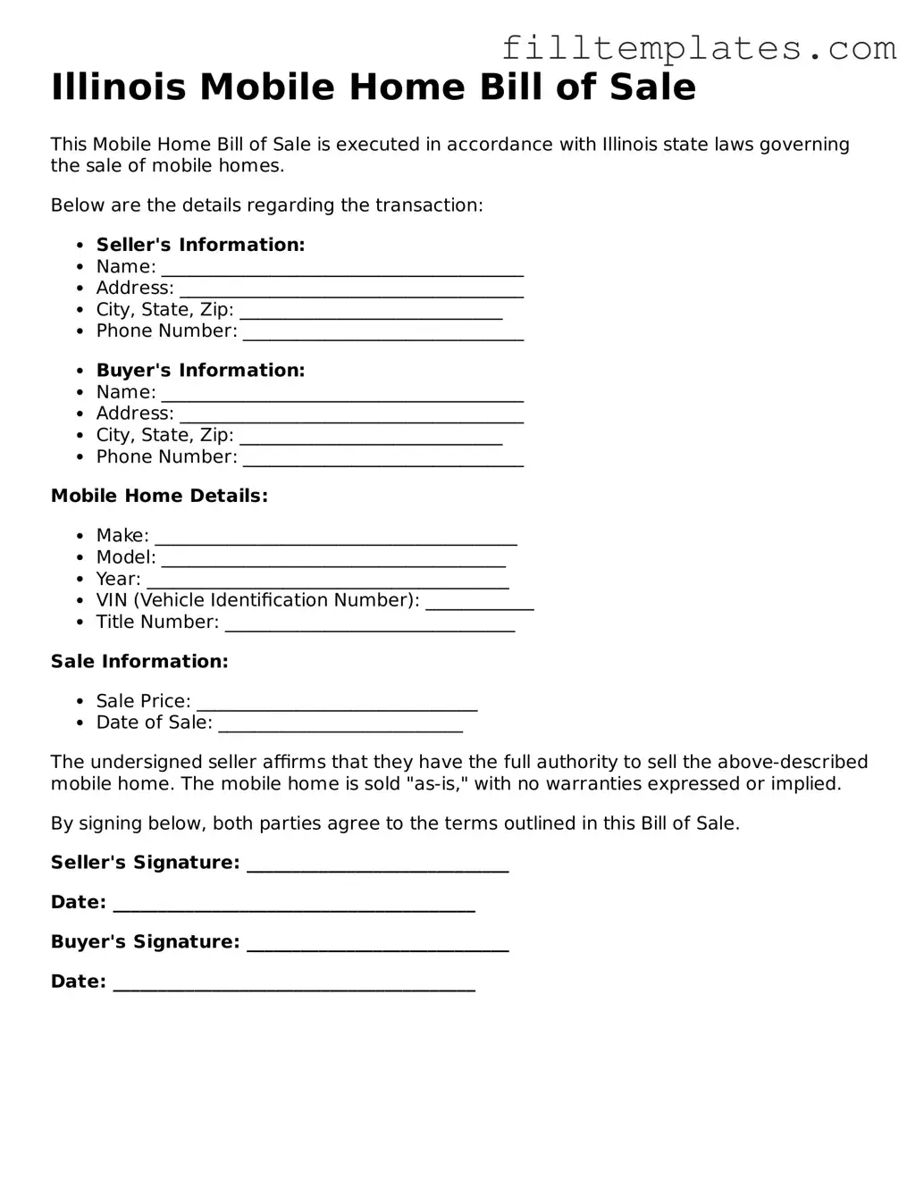 Official Mobile Home Bill of Sale Template for the State of Illinois