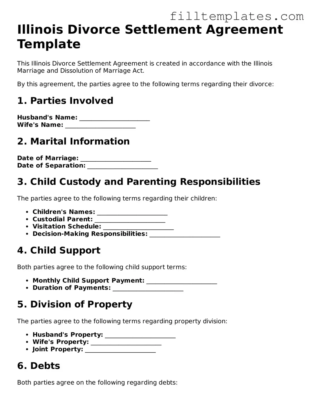 Official Divorce Settlement Agreement Template for the State of Illinois