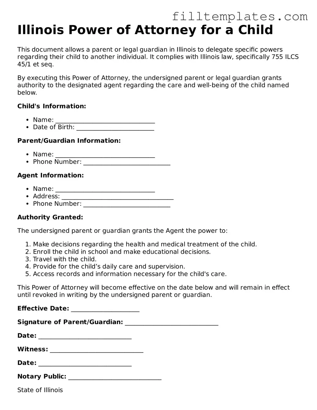 Official Power of Attorney for a Child Template for the State of Illinois
