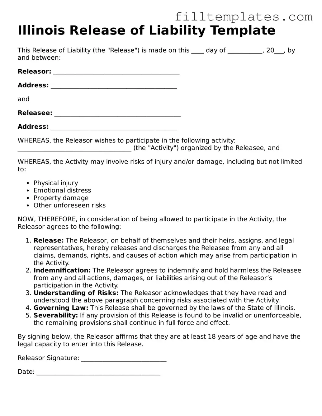 Official Release of Liability Template for the State of Illinois