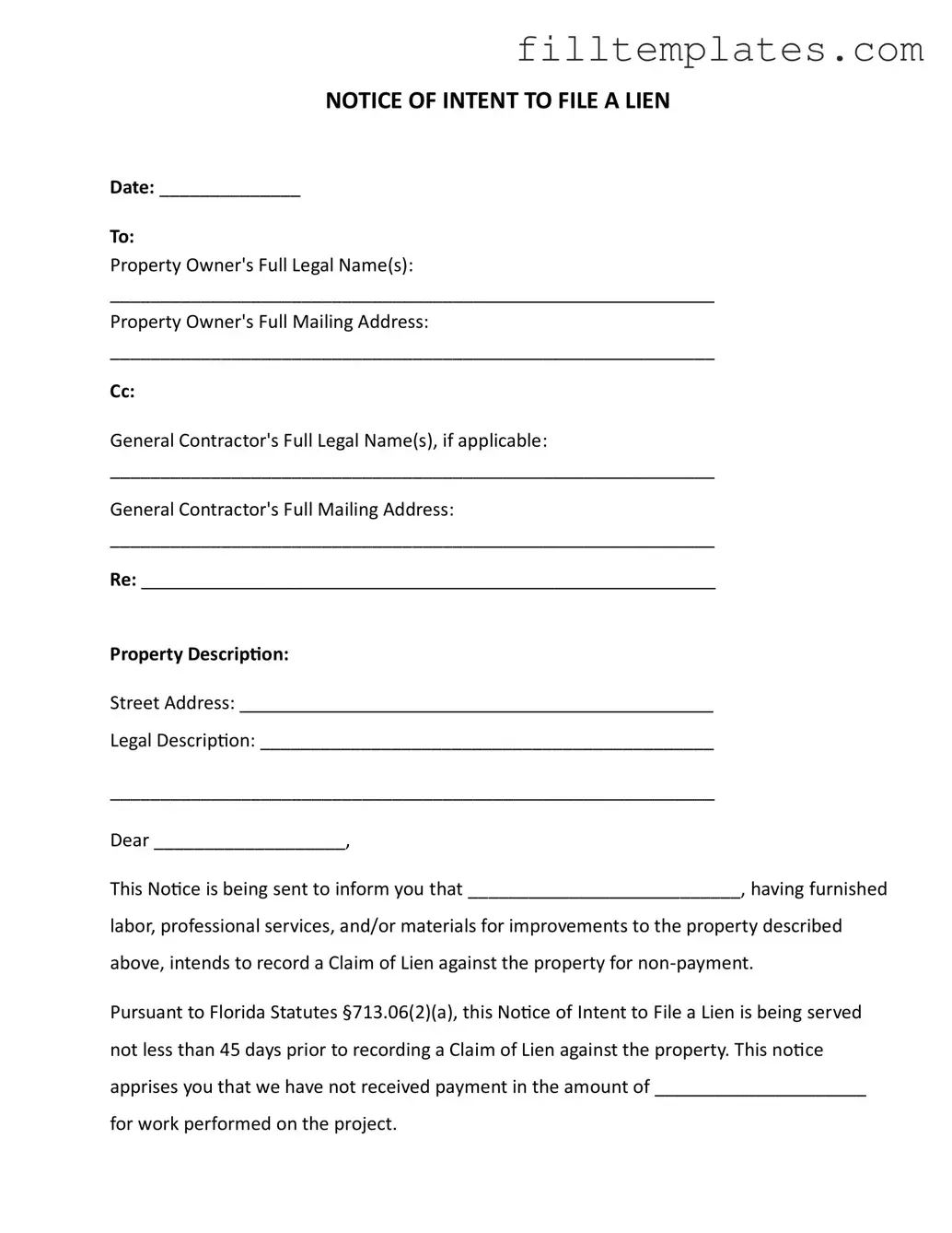 Download Intent To Lien Florida Template