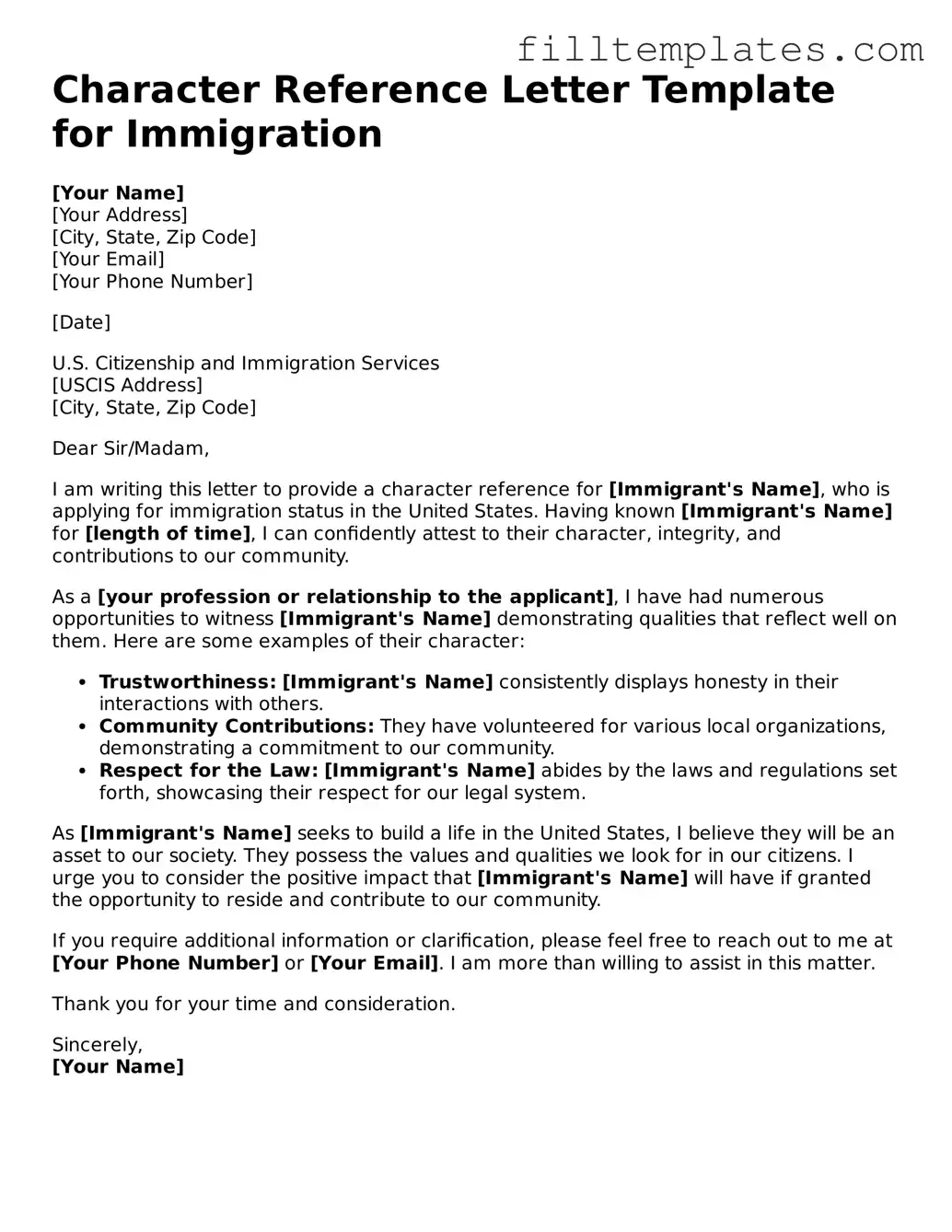 Free Character Reference Letter for Immigration Template