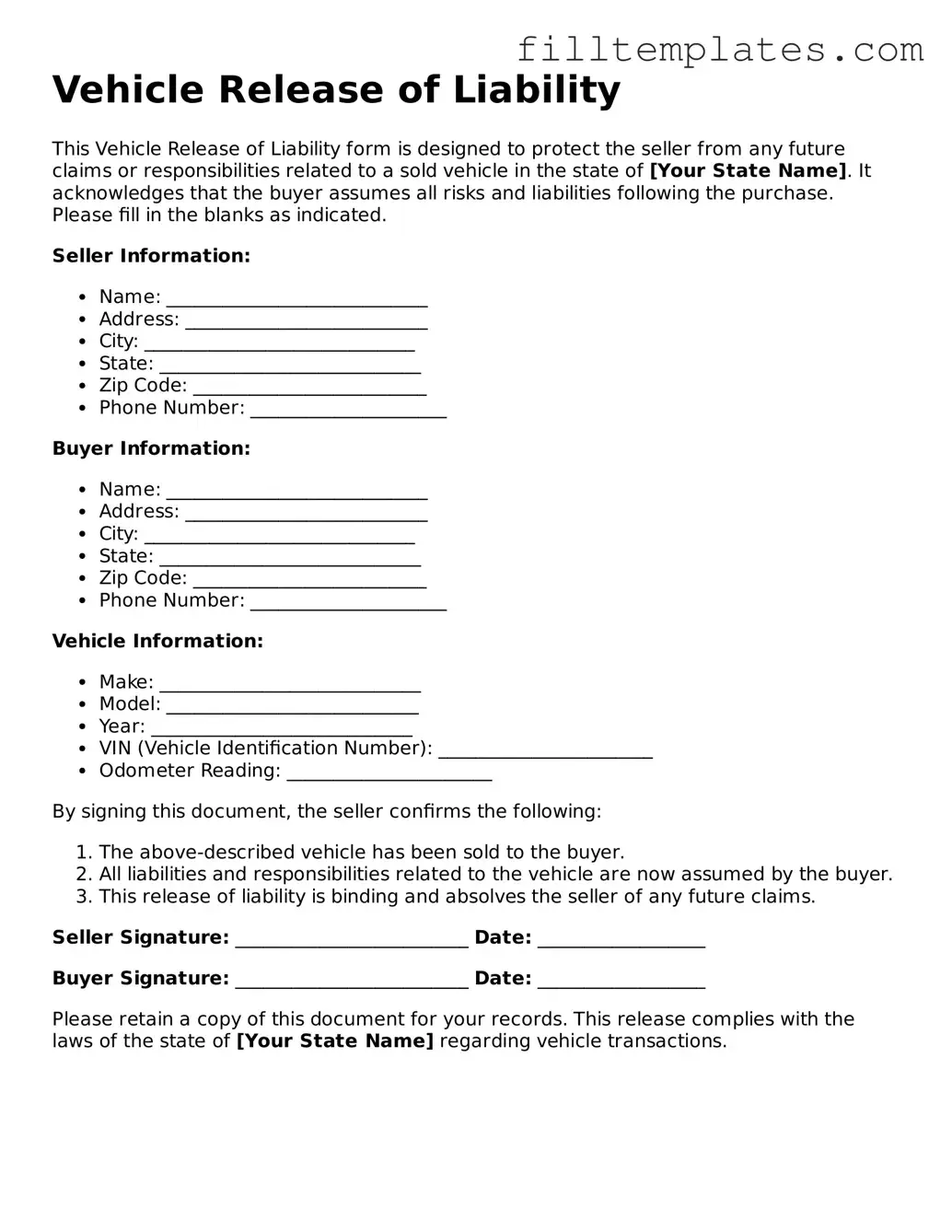 Free Vehicle Release of Liability Template