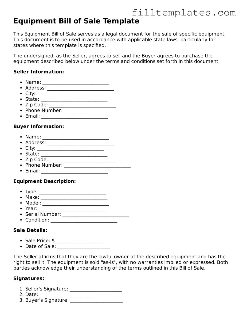 Free Equipment Bill of Sale Template