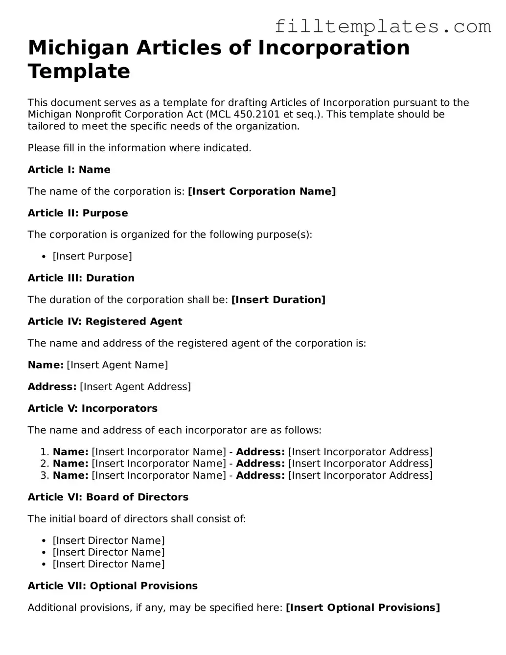 Official Articles of Incorporation Template for the State of Michigan