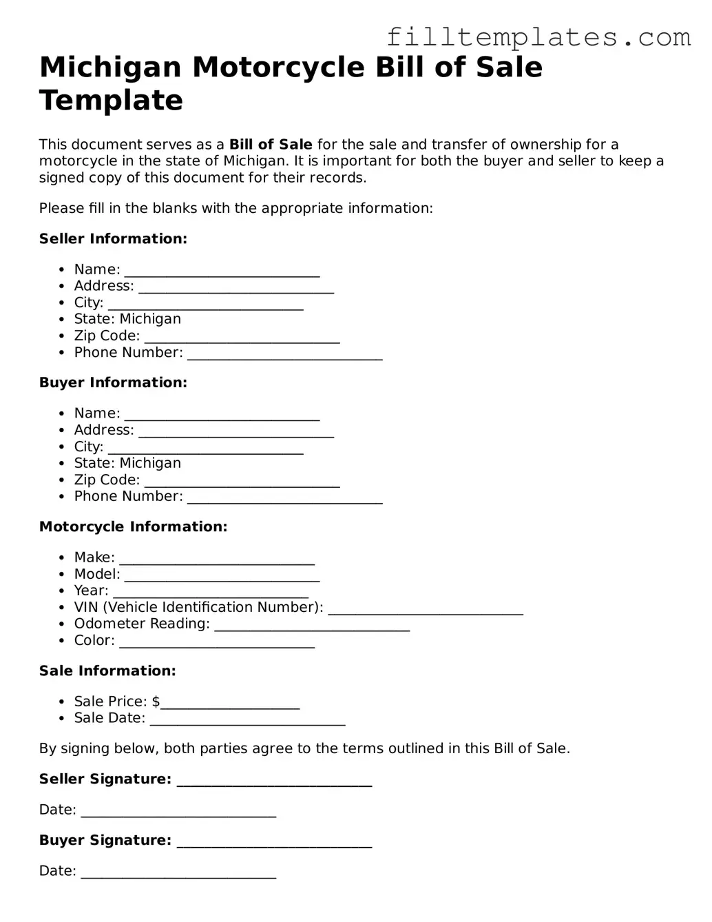 Official Motorcycle Bill of Sale Template for the State of Michigan