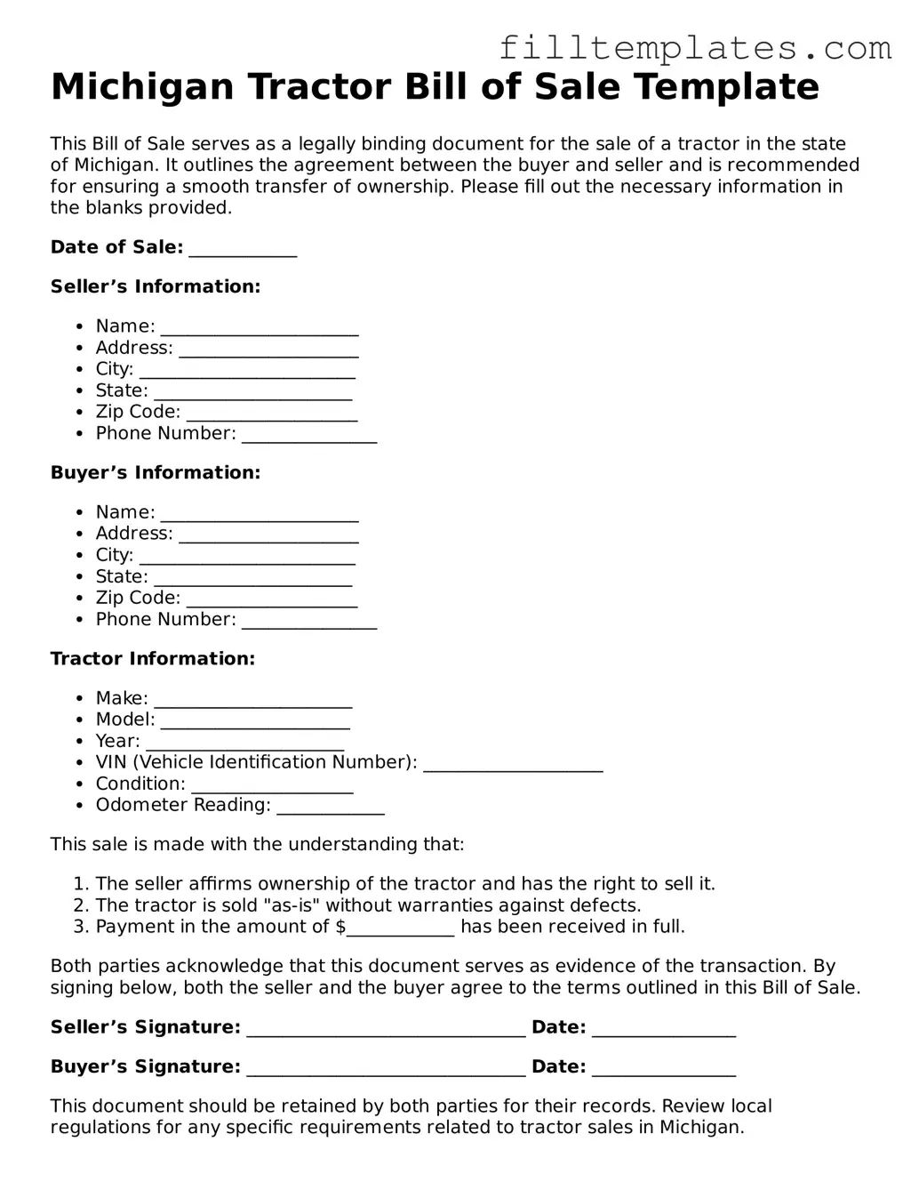 Official Tractor Bill of Sale Template for the State of Michigan