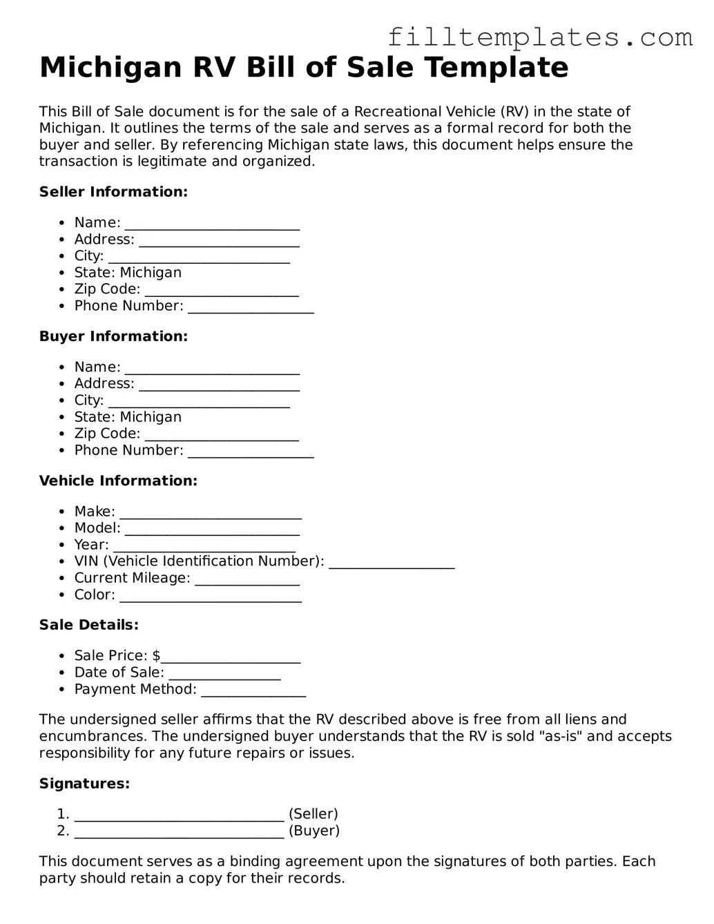 Official RV Bill of Sale Template for the State of Michigan