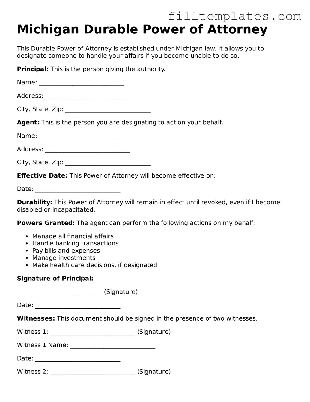 Official Durable Power of Attorney Template for the State of Michigan
