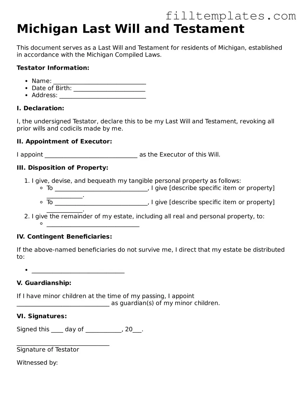 Official Last Will and Testament Template for the State of Michigan