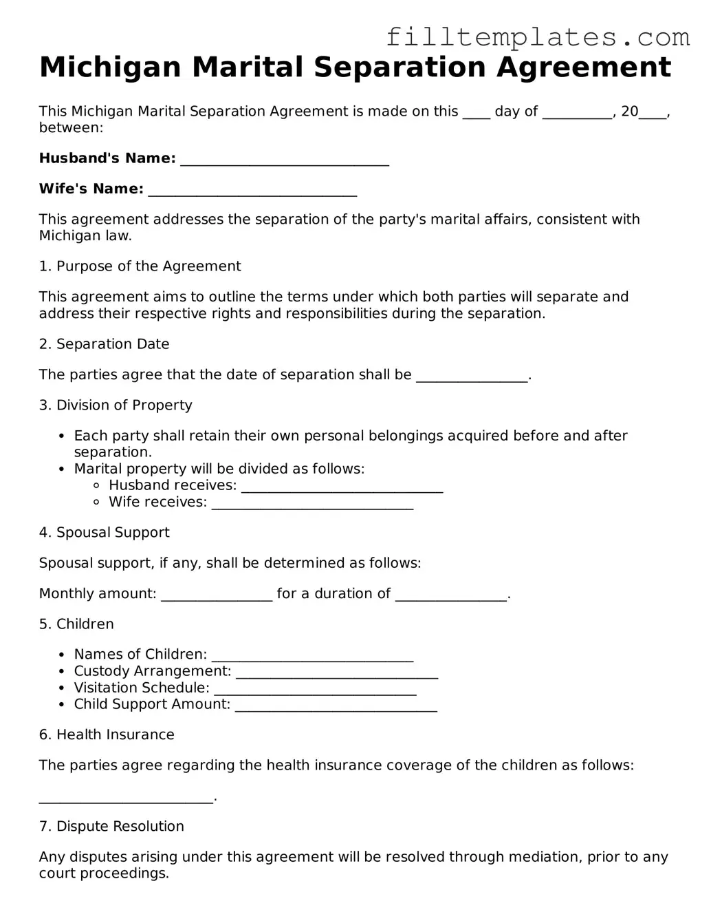Official Marital Separation Agreement Template for the State of Michigan