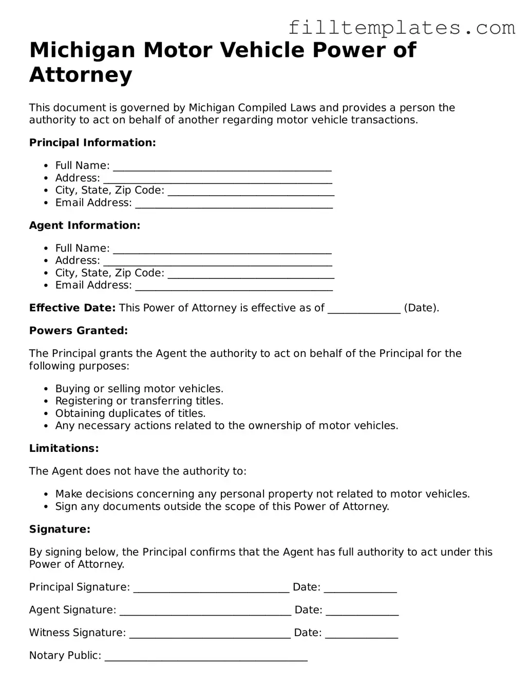 Official Motor Vehicle Power of Attorney Template for the State of Michigan