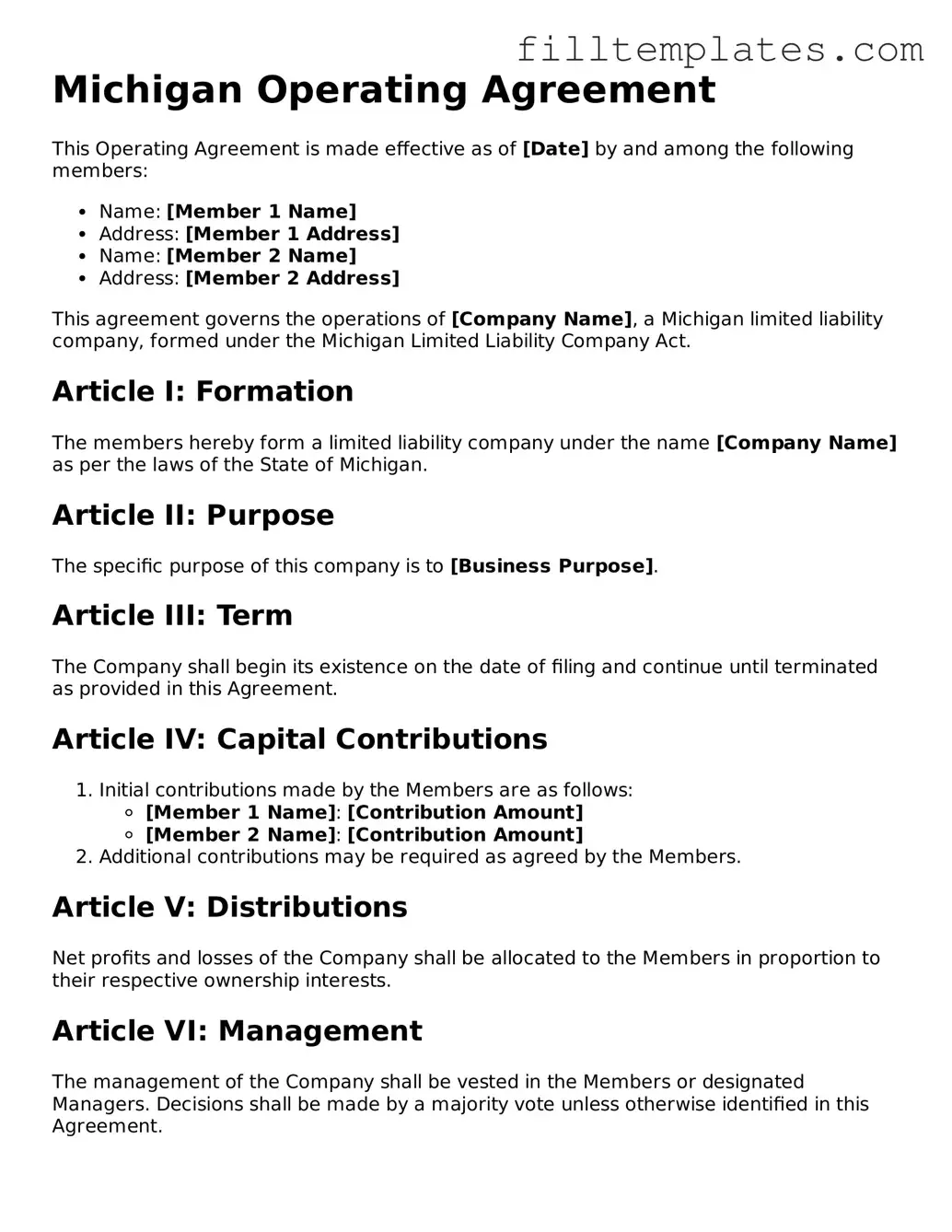 Official Operating Agreement Template for the State of Michigan