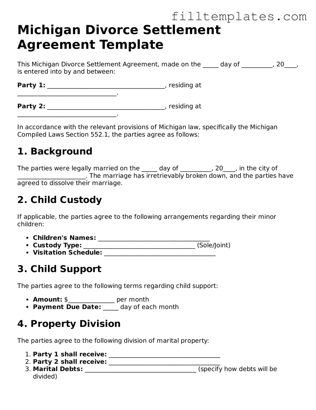 Official Divorce Settlement Agreement Template for the State of Michigan