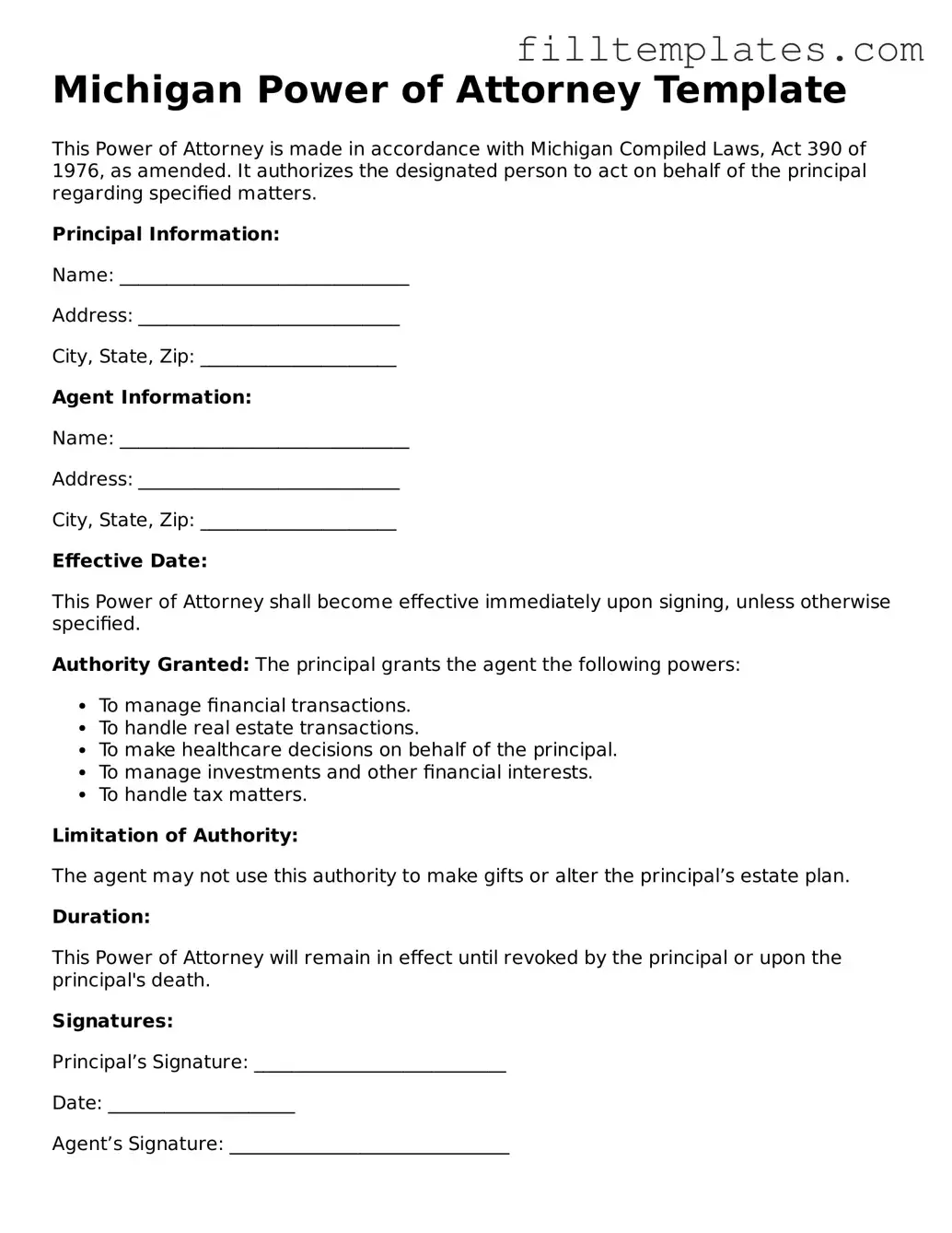 Official Power of Attorney Template for the State of Michigan