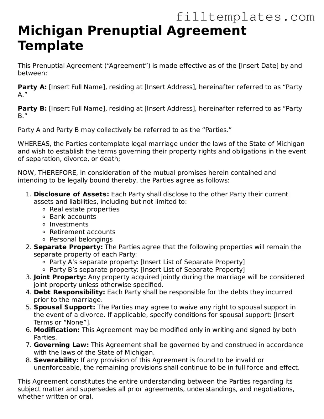 Official Prenuptial Agreement Template for the State of Michigan
