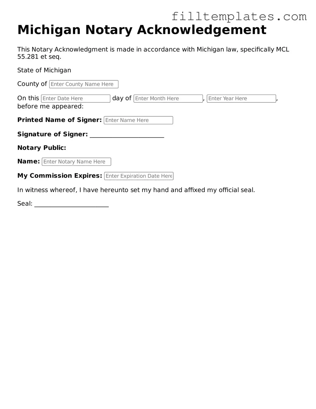 Official Notary Acknowledgement Template for the State of Michigan