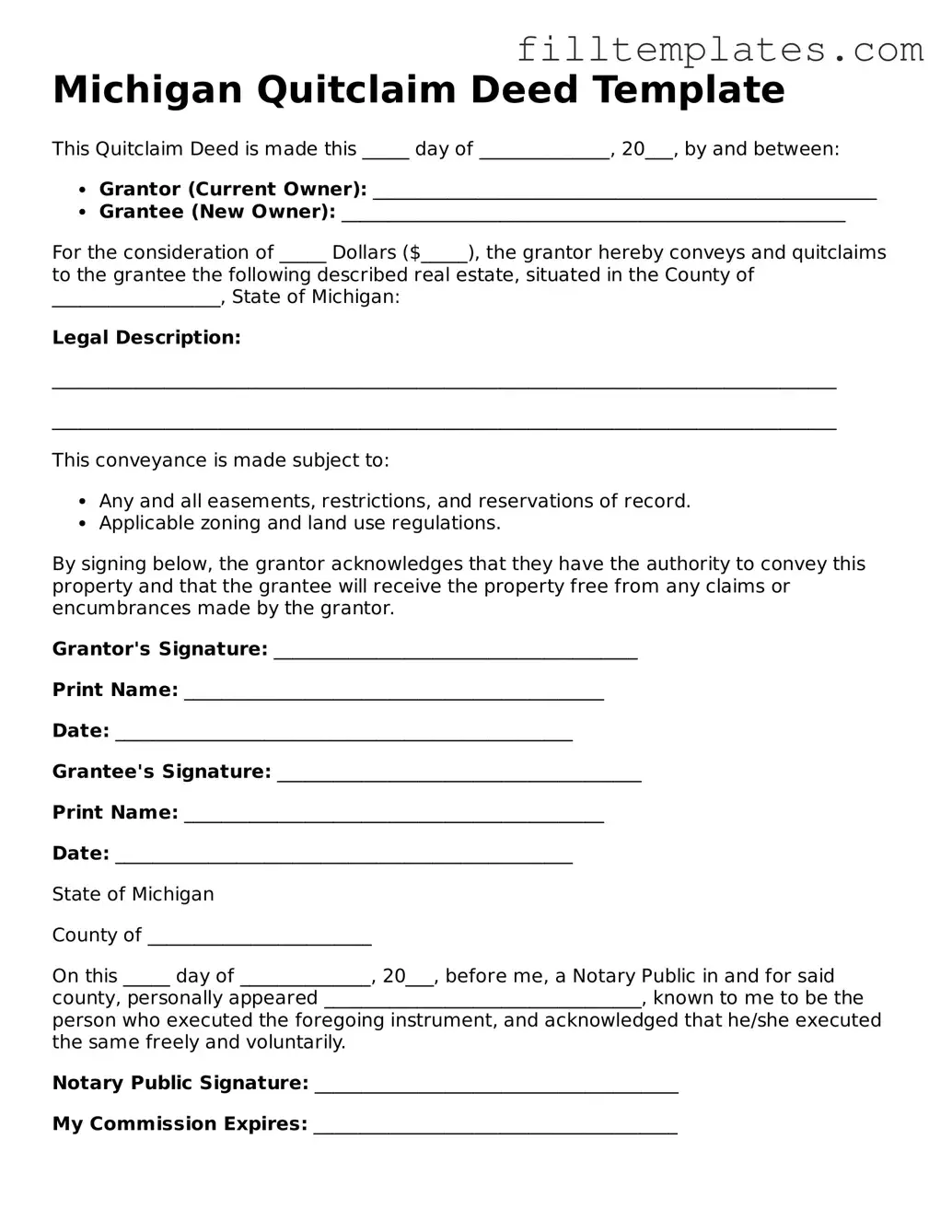 Official Quitclaim Deed Template for the State of Michigan