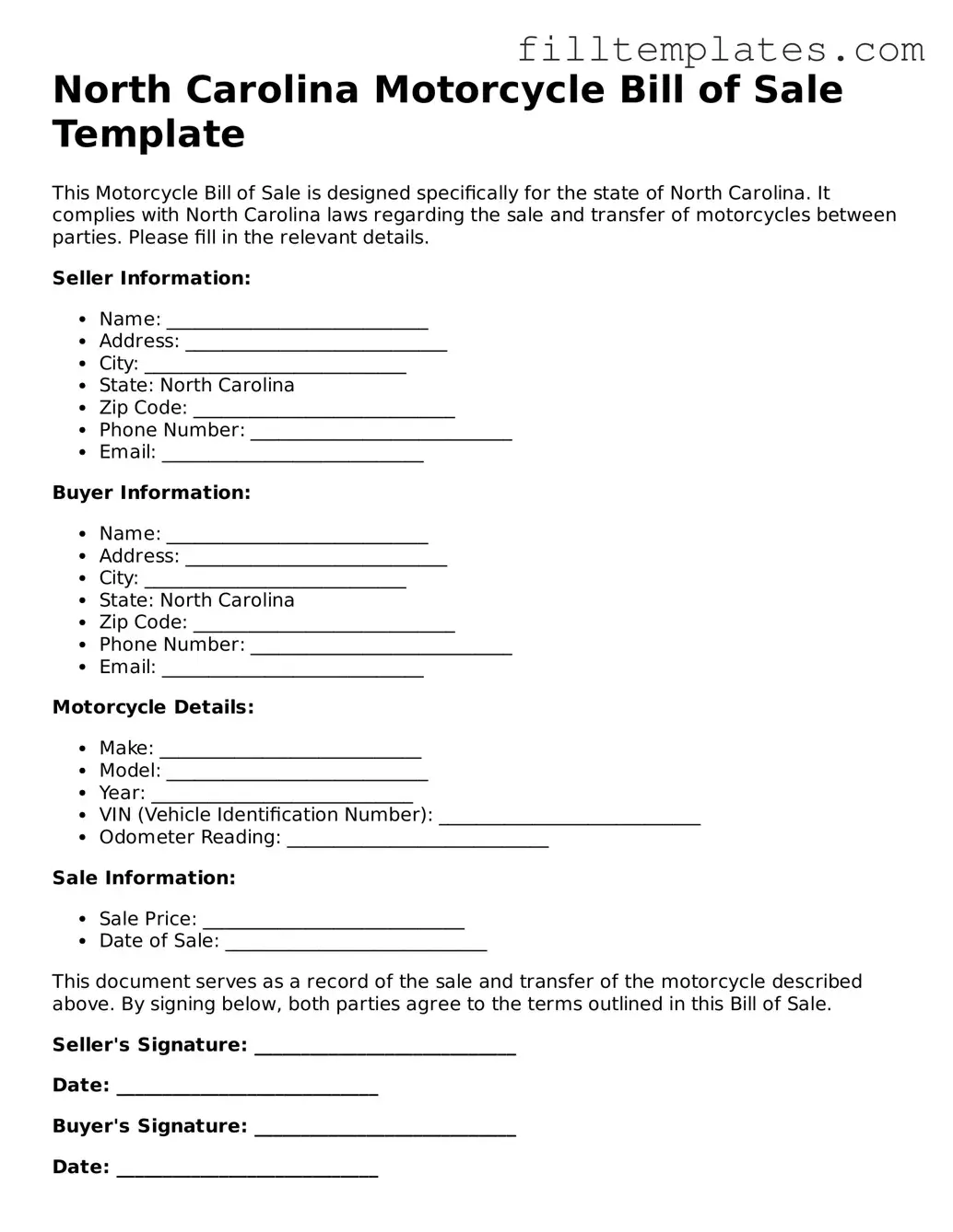 Official Motorcycle Bill of Sale Template for the State of North Carolina