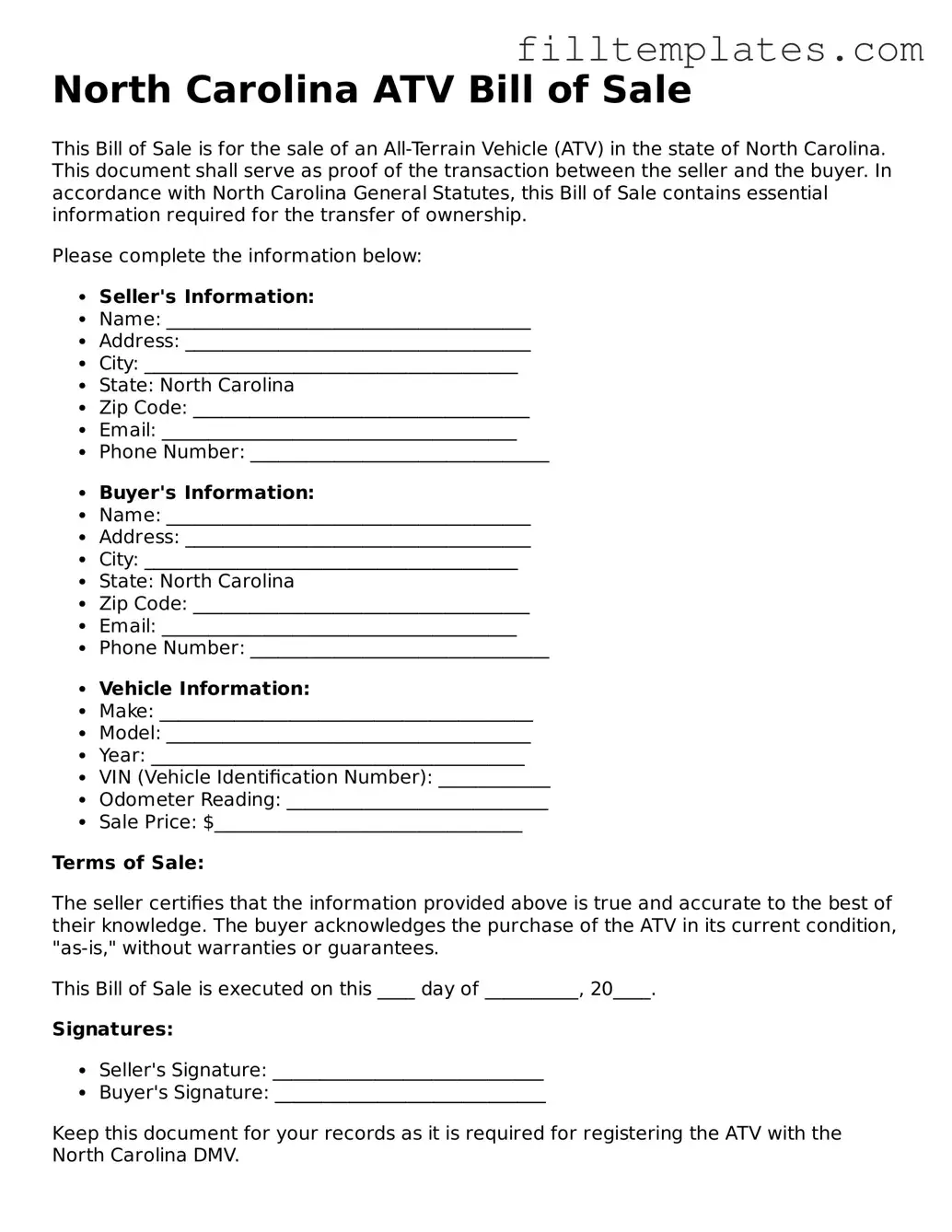 Official ATV Bill of Sale Template for the State of North Carolina