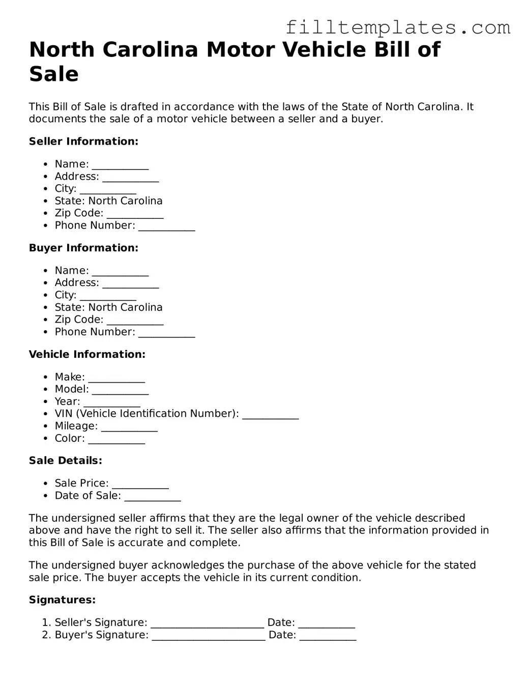 Official Motor Vehicle Bill of Sale Template for the State of North Carolina