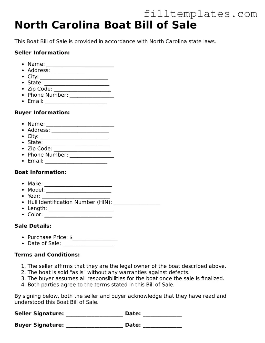 Official Boat Bill of Sale Template for the State of North Carolina