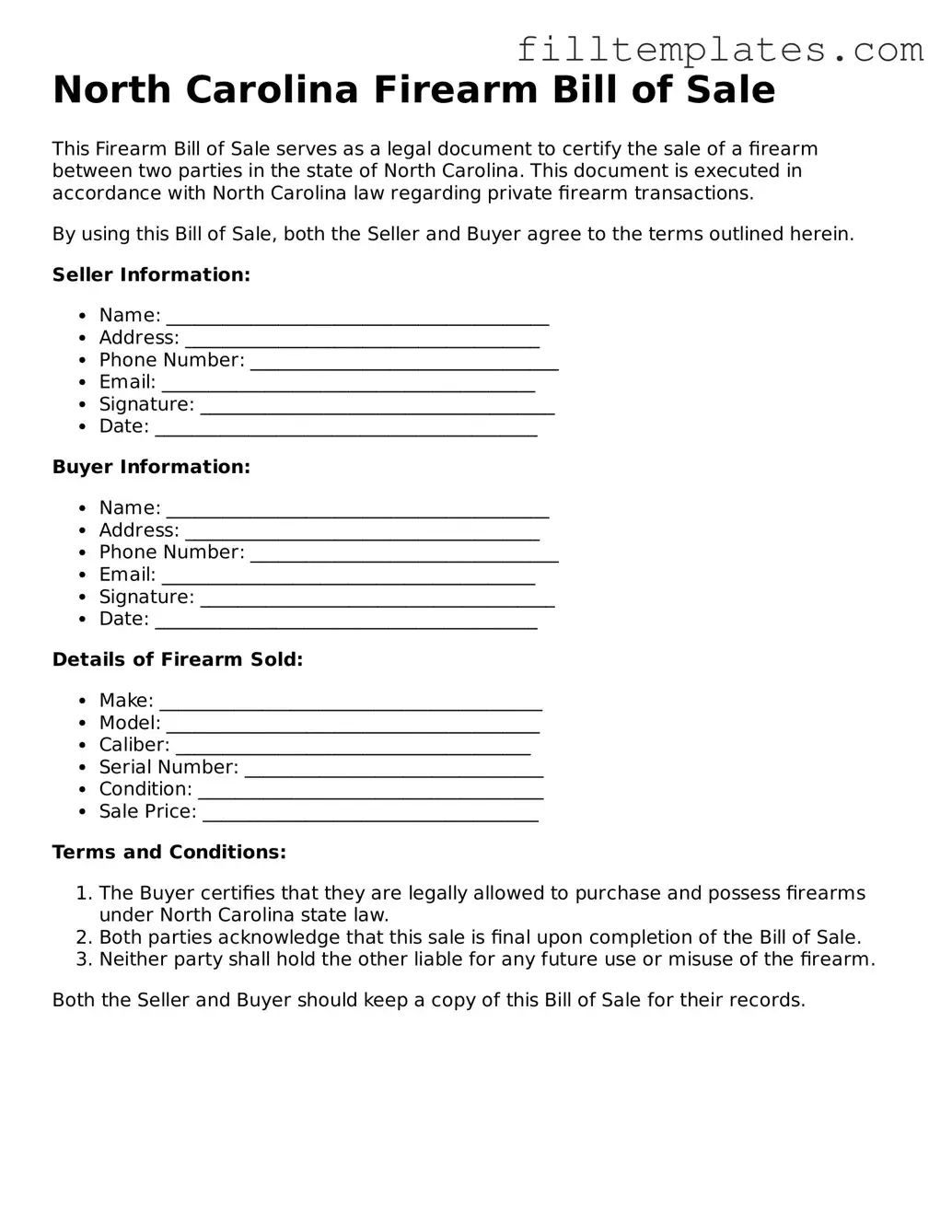 Official Firearm Bill of Sale Template for the State of North Carolina