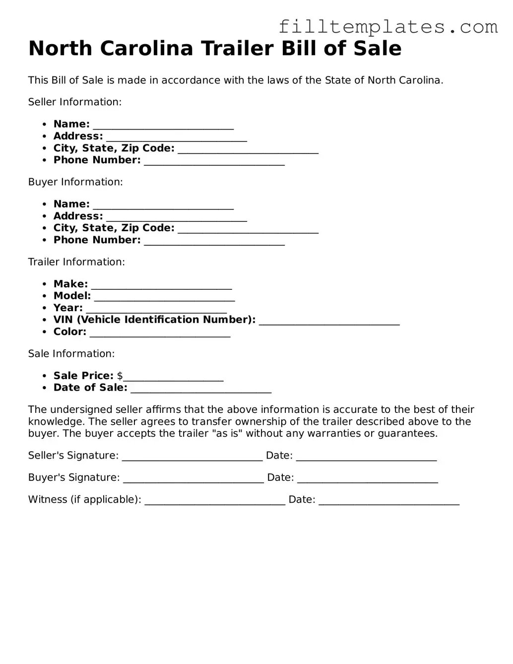 Official Trailer Bill of Sale Template for the State of North Carolina
