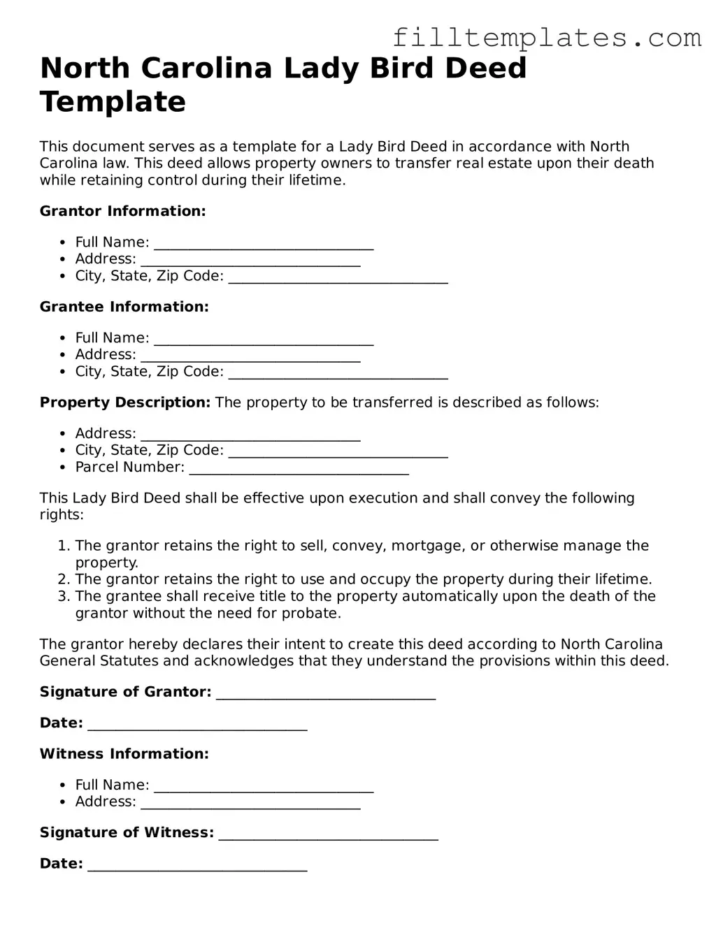 Official Lady Bird Deed Template for the State of North Carolina