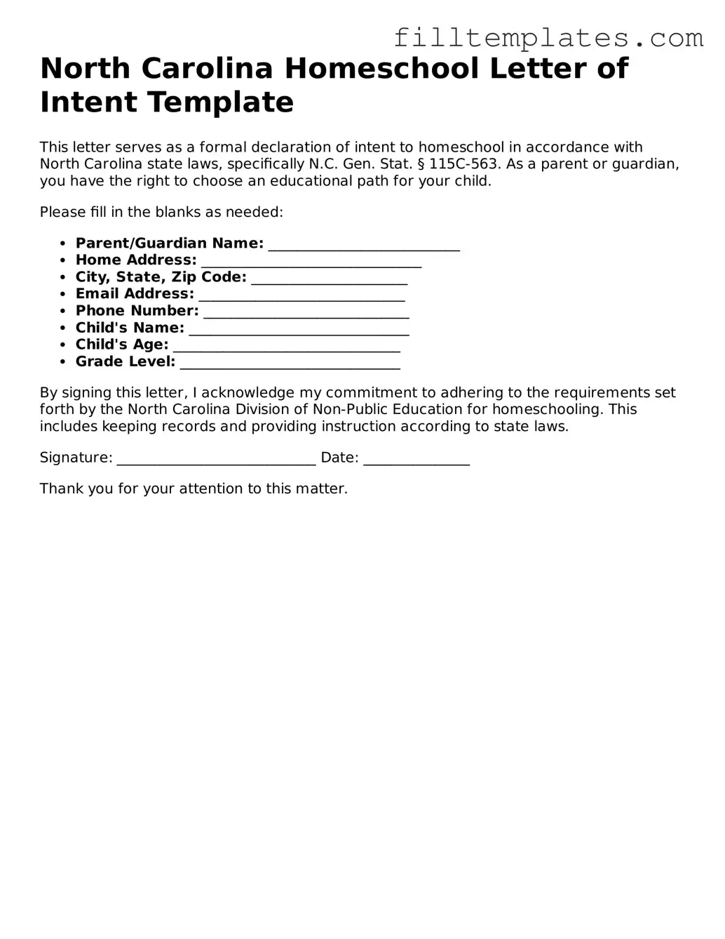 Official Homeschool Letter of Intent Template for the State of North Carolina