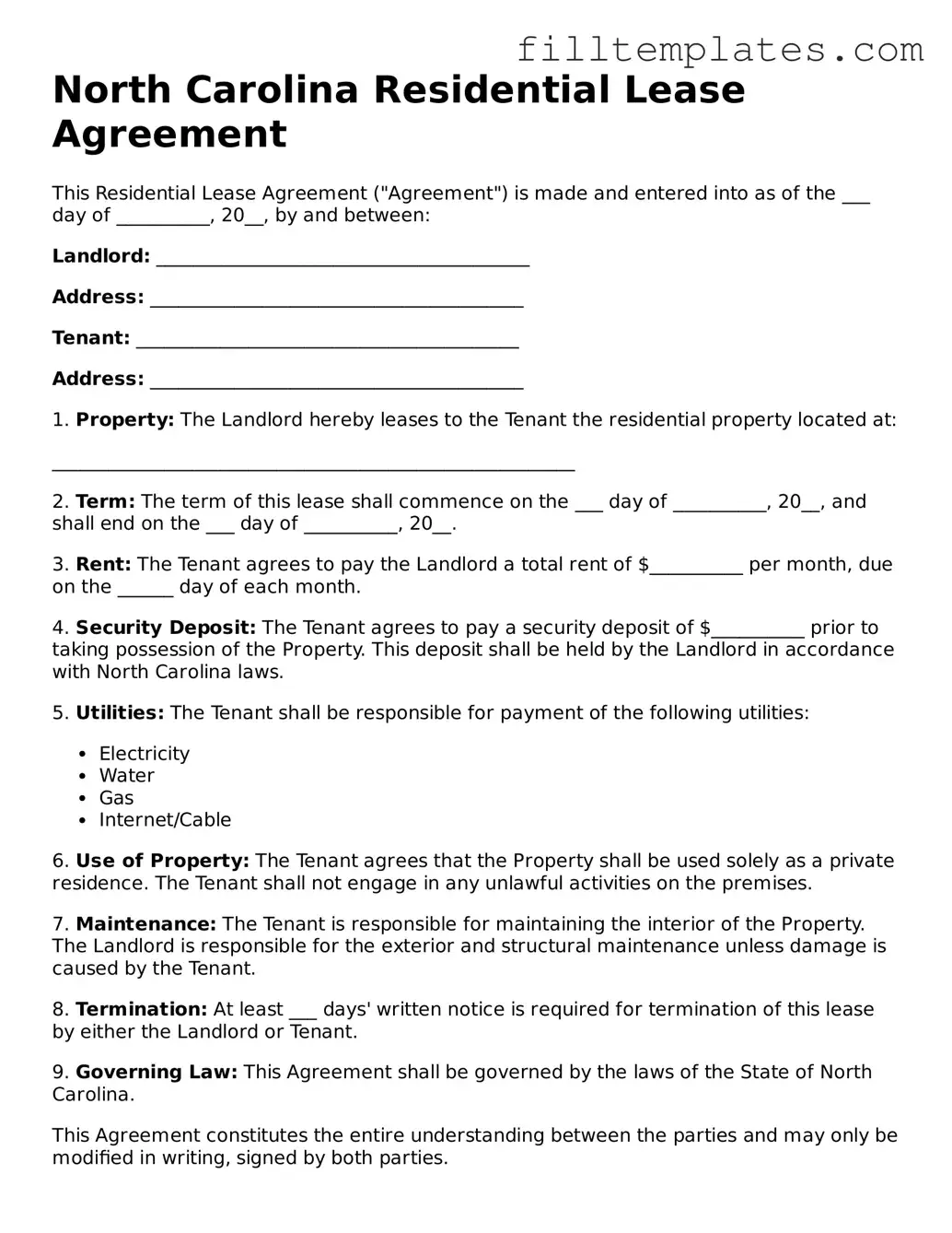 Official Residential Lease Agreement Template for the State of North Carolina