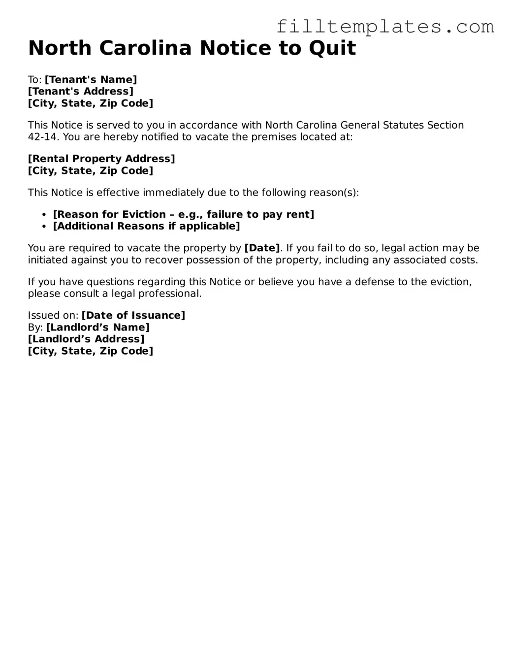 Official Notice to Quit Template for the State of North Carolina