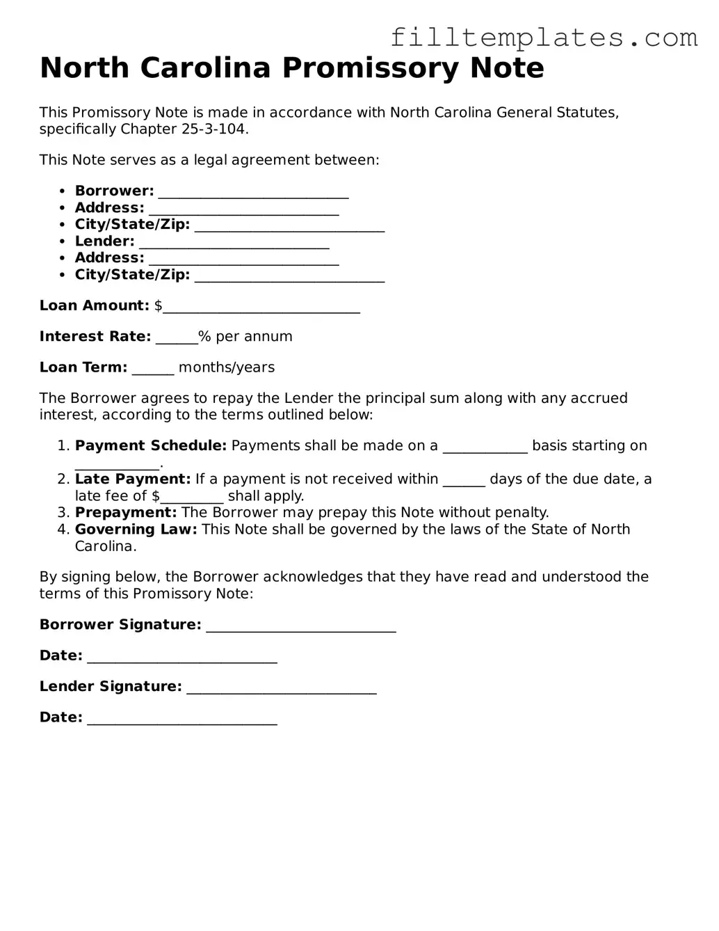 Official Promissory Note Template for the State of North Carolina